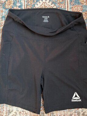 Reebok Black Biker Shorts, Pocket, High Rise, Workout, Running, Athleisure L #71